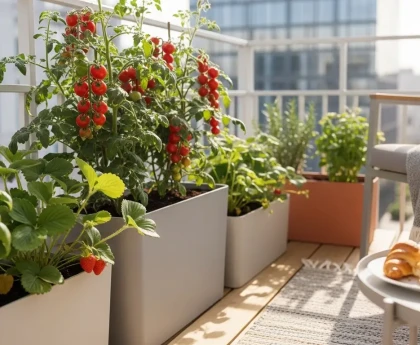 Balcon décoré avec des pots de tomates cerises et fraises en pleine croissance