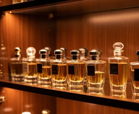 Collection de flacons de parfum rangés dans un dressing fermé pour une conservation optimale