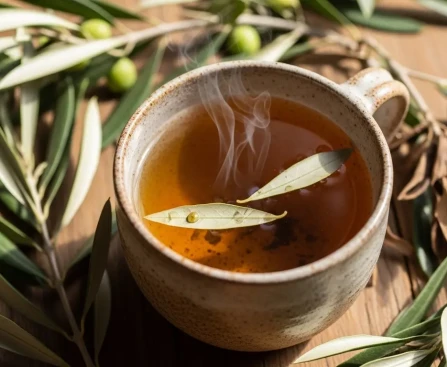 Rituel bien-être avec une infusion de feuilles d'olivier dans un bol en céramique, ambiance méditerranéenne