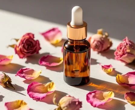 Macérat huileux maison de roses dans flacon ambré, rituel beauté naturel tendance