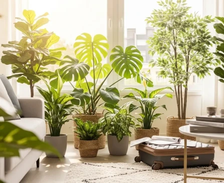 Intérieur lumineux avec plantes d'intérieur regroupées près d'une fenêtre pour les vacances