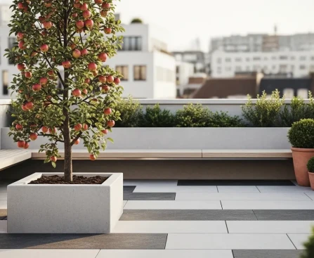 Pommier colonnaire sur une terrasse de jardin urbain, silhouette droite et fruits rouges