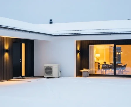 Unité extérieure de pompe à chaleur installée sur une maison moderne en hiver avec neige légère