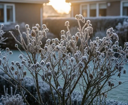 Rosiers en hiver avec branches nues dans un jardin soigné, prêts pour le traitement anti-pucerons
