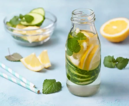 Boisson naturelle au citron et curcuma dans un verre élégant, rituel bien-être matinal tendance