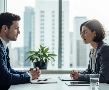 Recruteur observant en silence un candidat lors d'un entretien d'embauche moderne