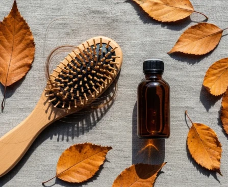Brosse à cheveux avec quelques cheveux tombés et flacon d'huile de ricin sur une surface naturelle