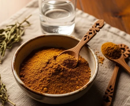Bol de poudre de henné et ingrédients naturels pour coloration végétale posés sur une table en bois