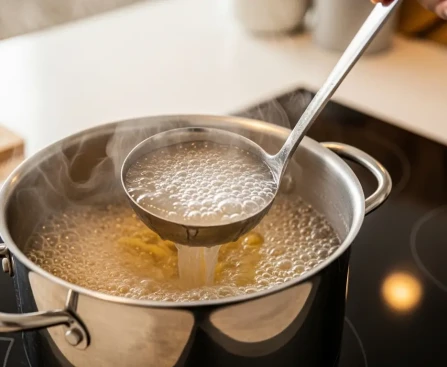 Louche prélevant de l'eau de cuisson des pâtes dans une casserole sur la cuisinière