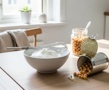 Bol en céramique contenant de l'aquafaba montée en neige sur une table de cuisine lumineuse