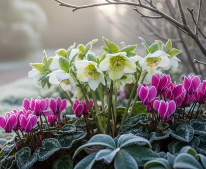 fleurs d'hiver colorées avec hellébores blancs et cyclamens roses dans un jardin enneigé