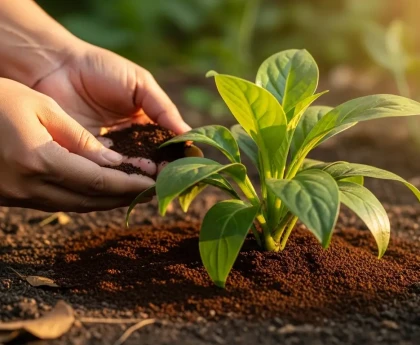 Main qui répand du marc de café autour d'une plante verte dans un jardin ensoleillé