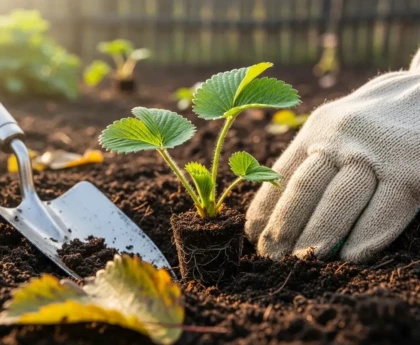 plantation d'un fraisier en automne dans un carré potager avec un sol meuble enrichi de compost