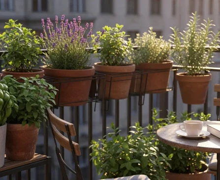 Balcon décoré avec des pots d'herbes aromatiques variées, basilic, lavande et menthe au soleil
