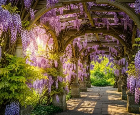 Pergola de jardin recouverte de glycine en fleurs mauves dans un jardin ensoleillé